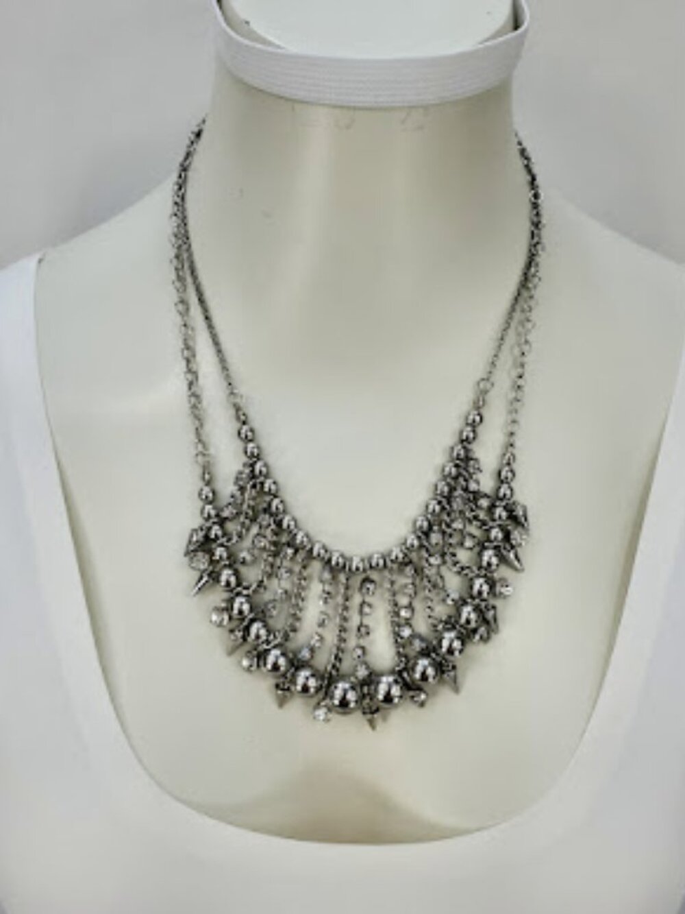 Edgy Silvertone Spiked & Rhinestone Necklace Gothic Punk Glam
